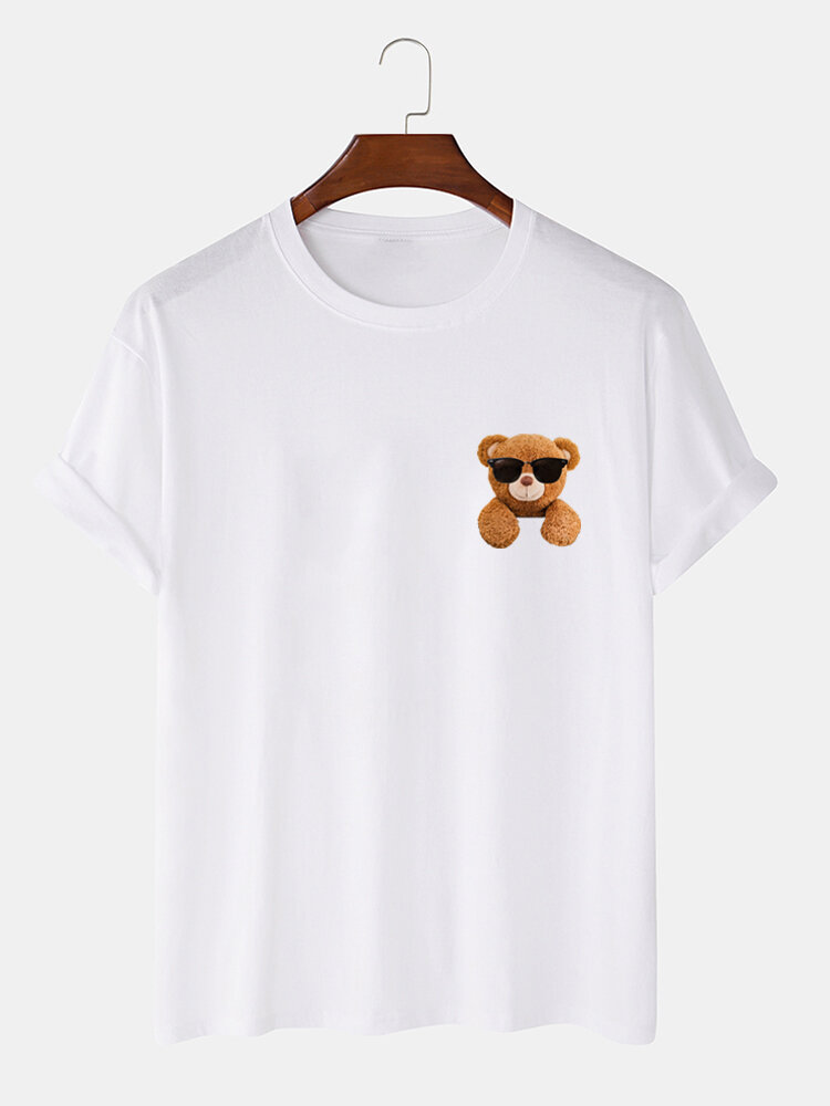 Camisetas masculinas 100% algodão legal estampa de urso formal manga curta