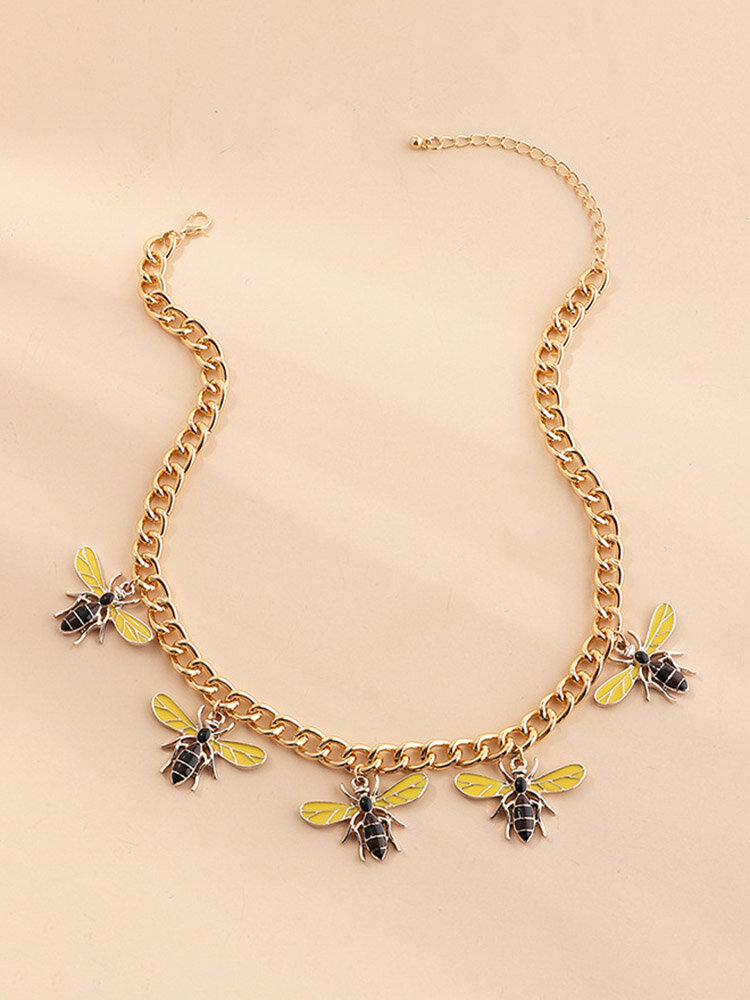Trendy Metal Bee Tassel Necklace Geometric Stereoscopic Bee Pendant Chain Necklace