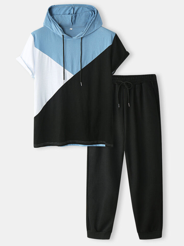 Mens Colorblock Stitching Short Sleeve Hooded Two Pieces Outfits With Sweatpants