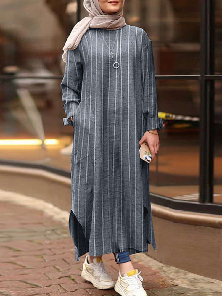 مخطط انقسام حاشية مخططة Plus فستان كاجوال مع جيوب