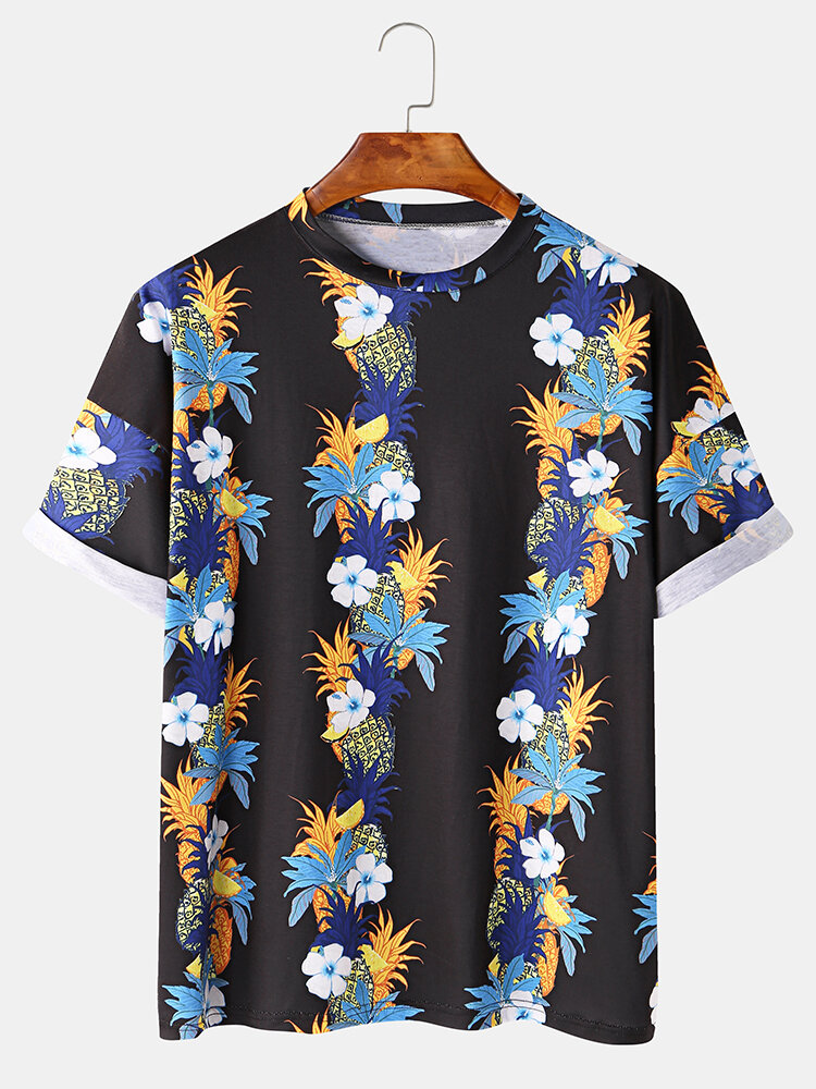 Mens Tropical Plant & Fruit Printed Pineapple Shirt Sleeve Floral T-Shirt