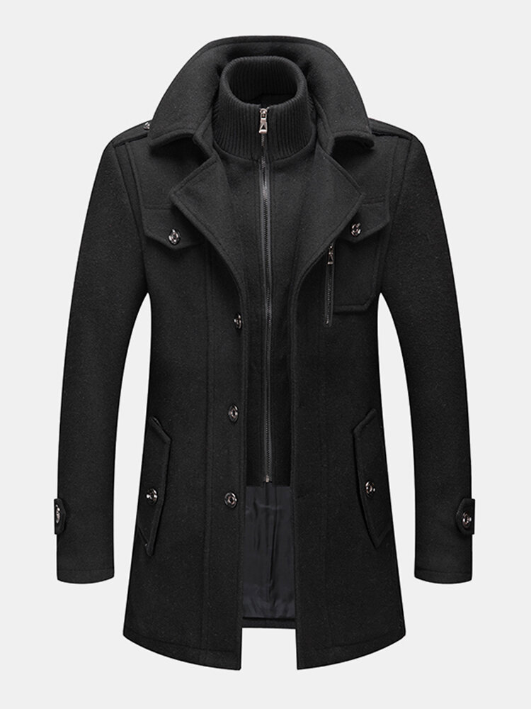 Mens Woolen Double Collar Thick Single-Breasted Casual Warm Overcoat
