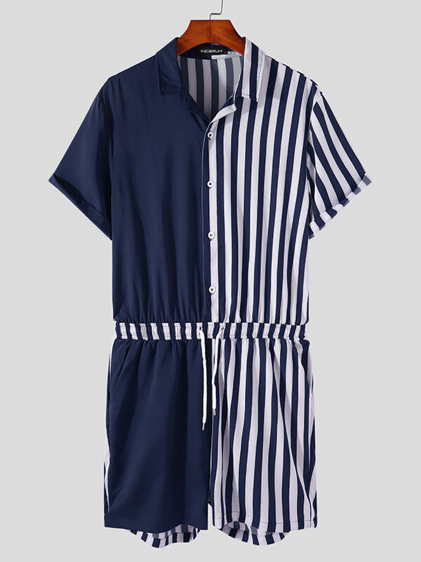 Plus Size Mens Striped Patchwork Drawstring Waist Jumpsuits With Pocket