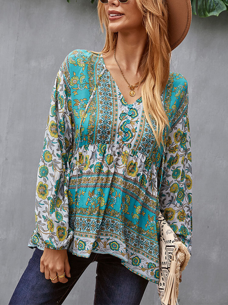 Bohemian Flower Print Button Long Sleeve Knotted Blouse