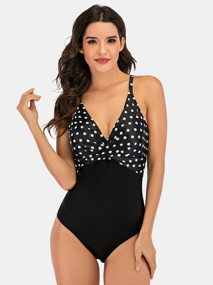 Plus Size Women Polka Dot Print Splice Skinny Fit One Piece Swimwear