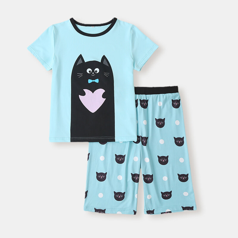 

Children Cartoon Dot Print Short Sleeves Casual Pajama Set For 6-12Y, Sky blue