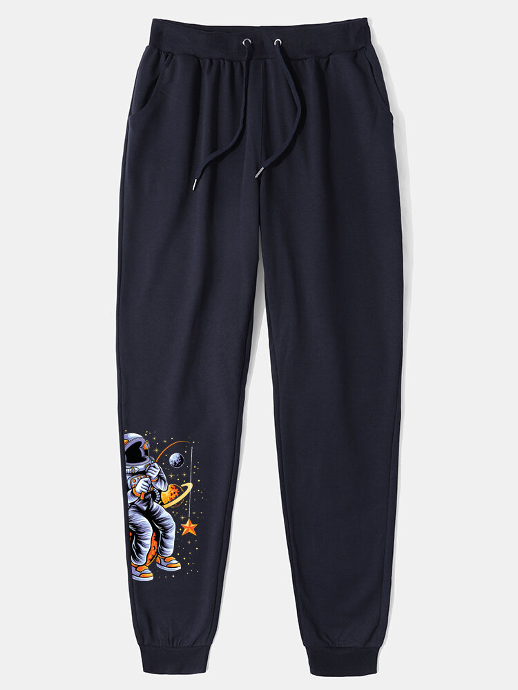

Mens Astronaut Planet Side Printed Casual Drawstring Cuffed Sweatpants, Black;navy;dark gray;gray