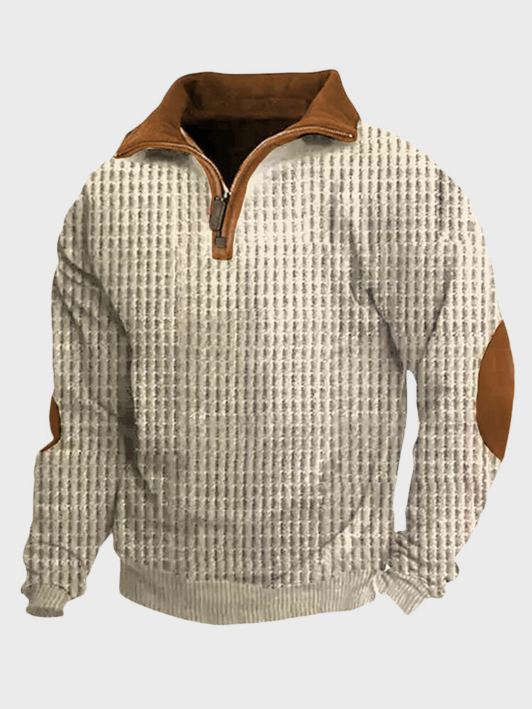 Sweat-shirt en tricot gaufré à demi-zip pour hommes, patchwork contrasté, hiver