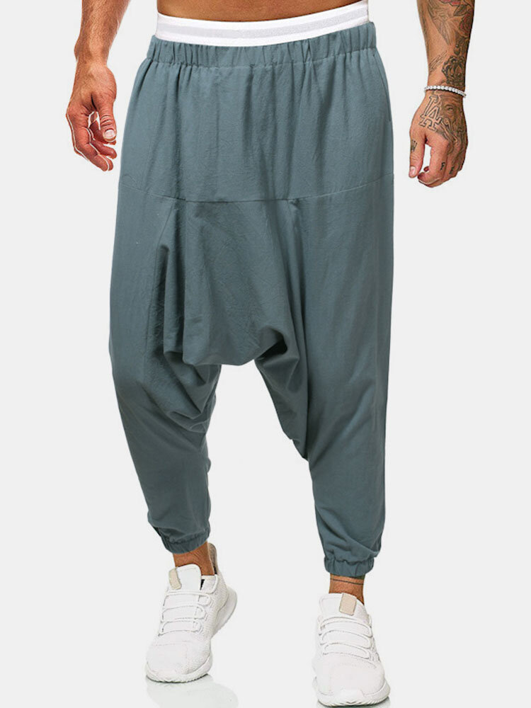 Mens Cotton Linen Solid Color Seam Detail Casual Baggy Pants