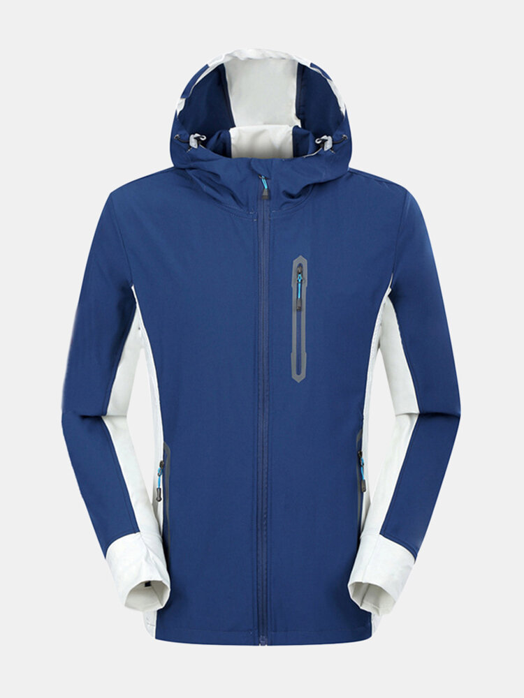 Mens Patchwork Hooded Waterproof Quick-drying Breathable Soft Shell Sport Casual Outdoor Jacket