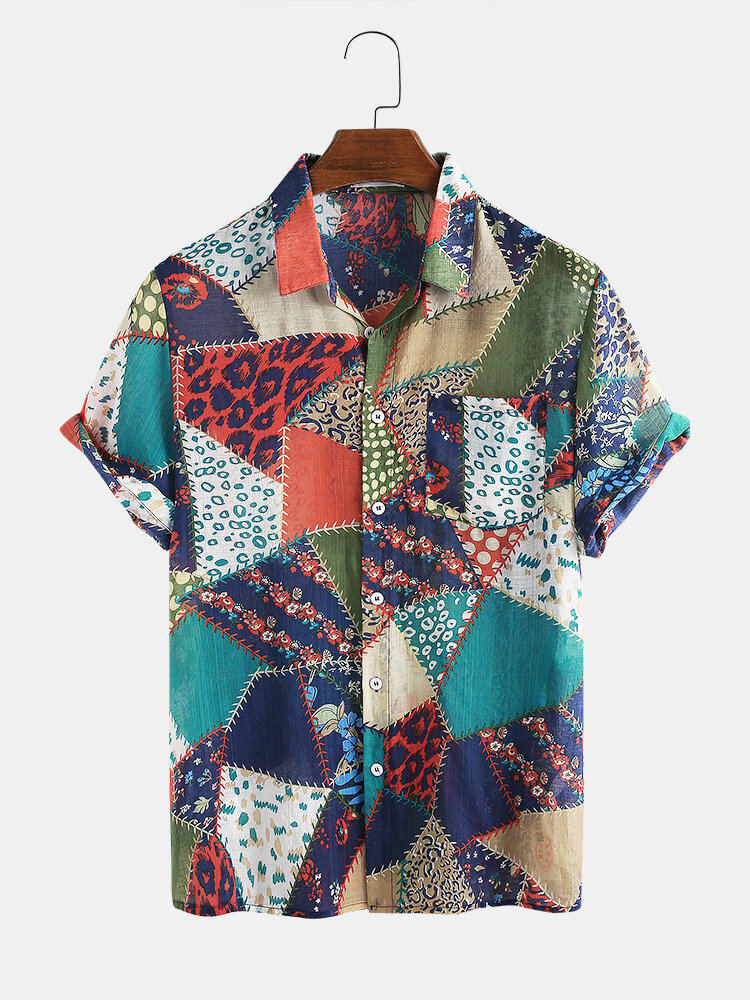 Men Leopard Color Block Stitching Printed Beach Casual Shirt