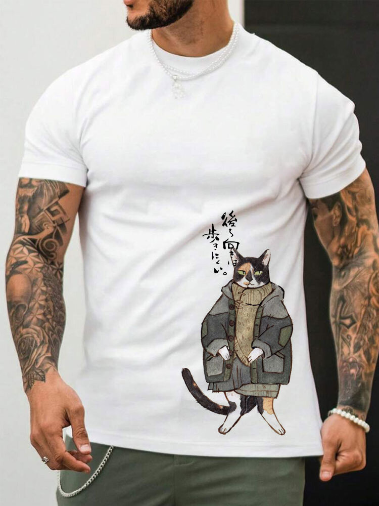 Mens Cartoon Cat Figure Print Crew Neck Short Sleeve T-Shirts Winter