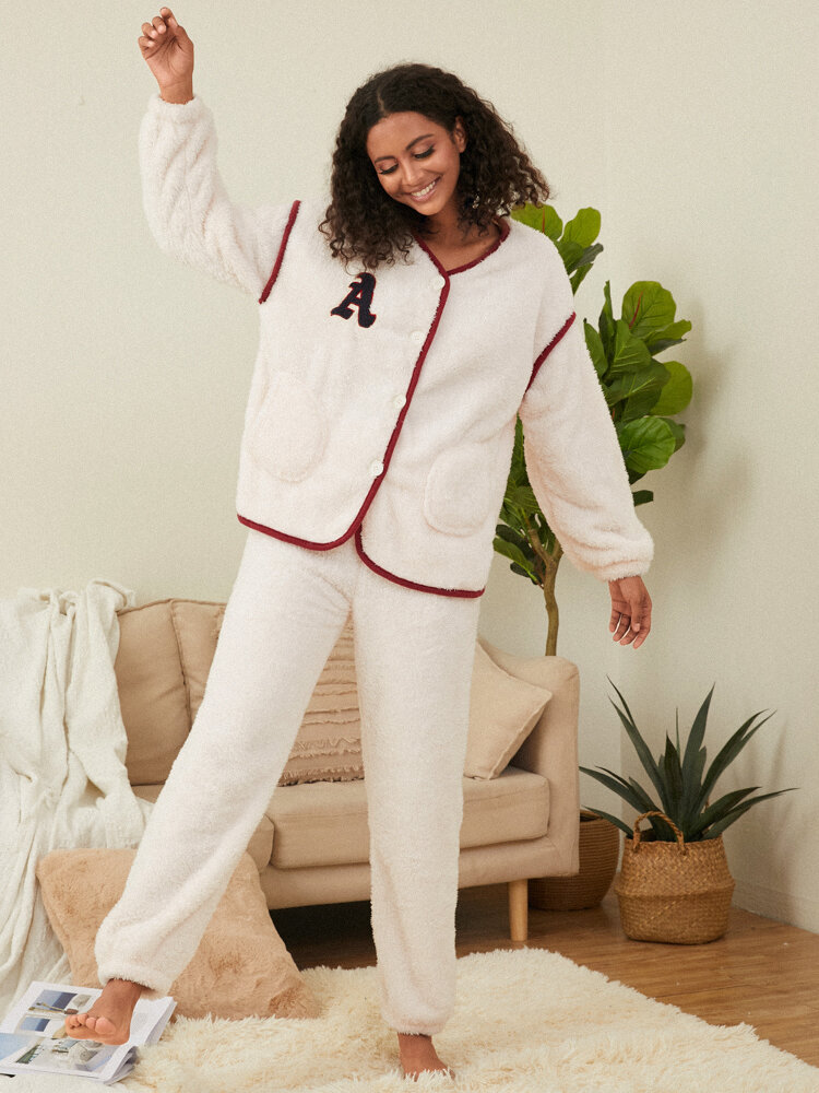 Women Fluffy Plush Letter Pattern Button Front Contrast Binding Long Pajamas Sets