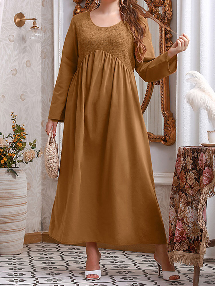 Plus Size Solid Patchwork Cotton O-neck Casual Maxi Dress