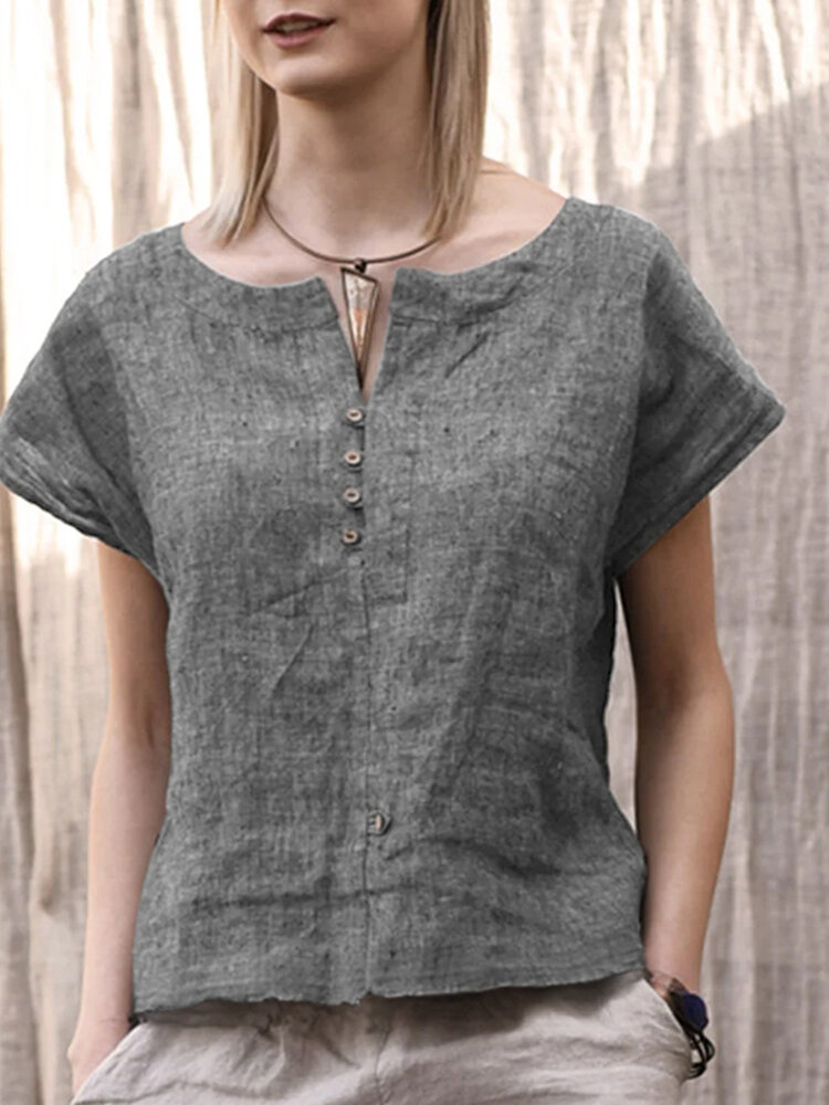 

Women Plain Notched Neck Button Detail Short Sleeve Blouse, Dark blue;khaki;gray