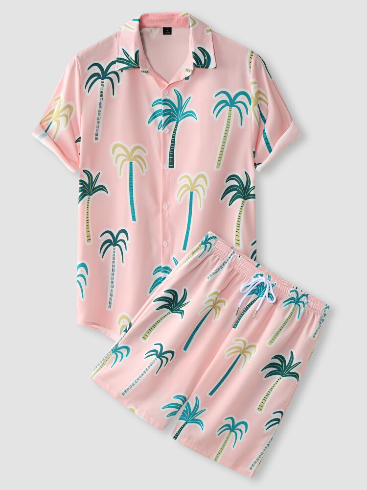 Mens Colorful Coconut Tree Print Lapel Holiday Two Pieces Outfits