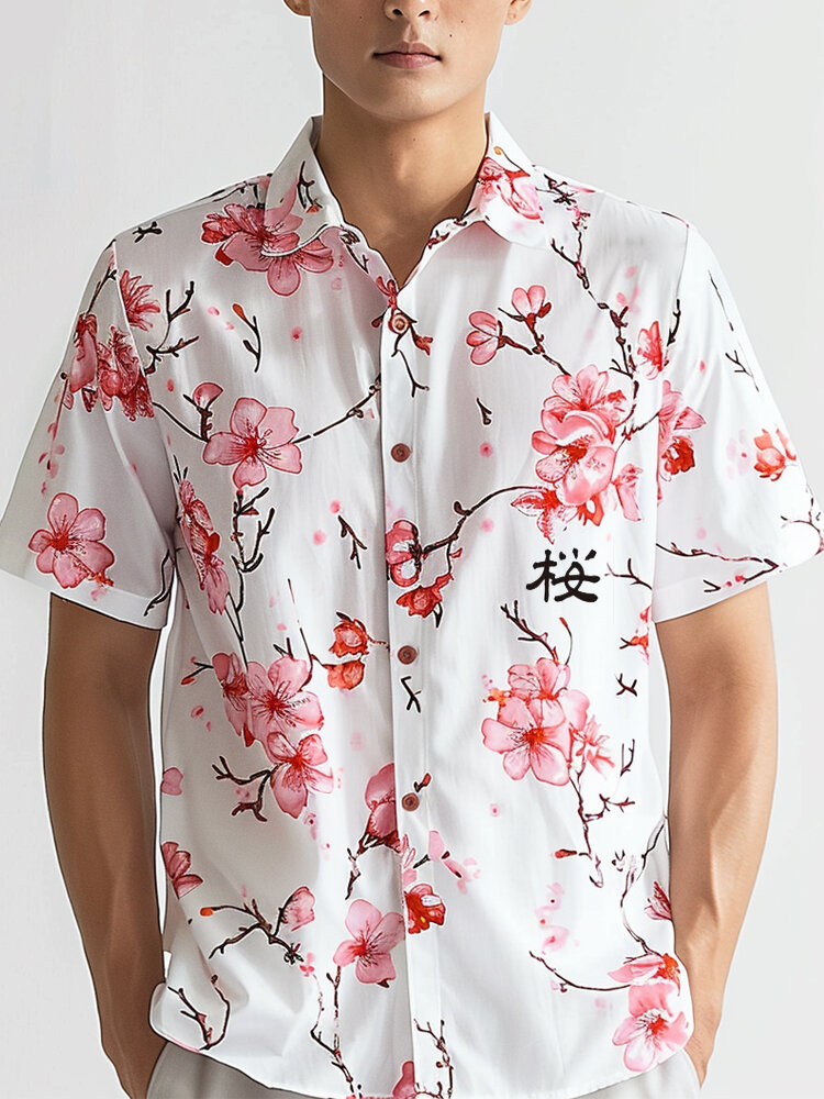 

Mens Allover Japanese Cherry Blossoms Print Lapel Short Sleeve Shirts, White