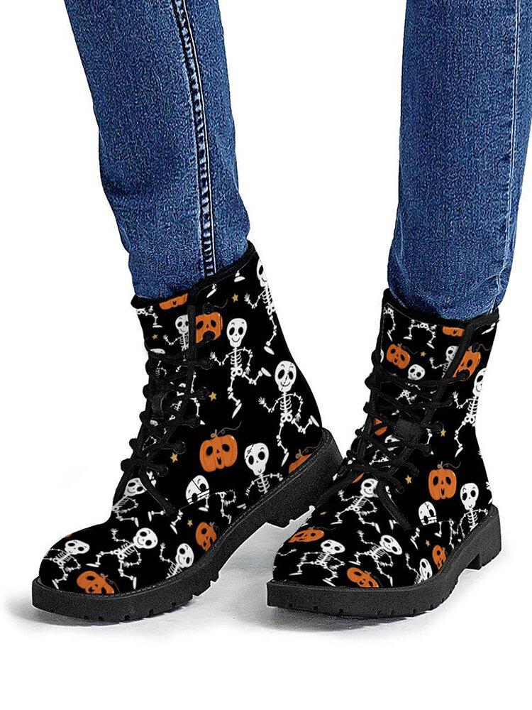 

Plus Size Funny Halloween Pumpkin & Skull Pattern Comfy Tooling Boots For Women, Black