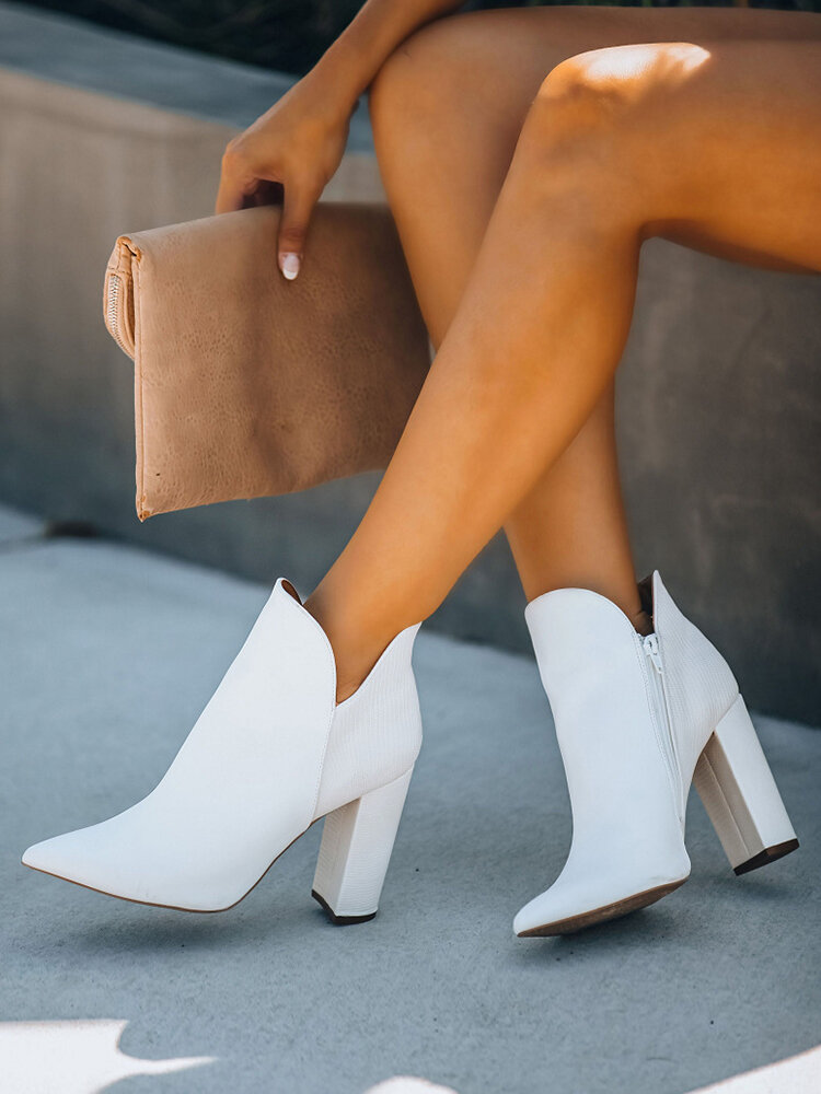 Large Size Women Casual Pointed Toe Side Zipper White Chunky Heel Ankle Boots