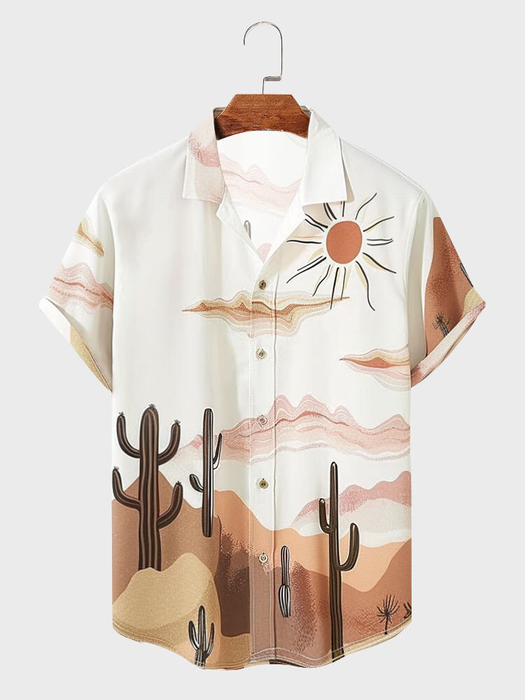 Chemises décontractées à col à revers imprimé paysage de cactus pour hommes