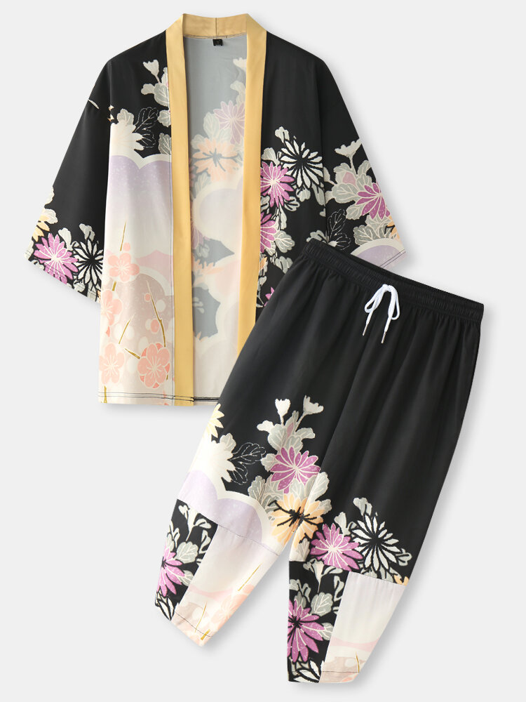 Mens Floral Print Street 3/4 Length Sleeve Kimono Two Pieces Outfits