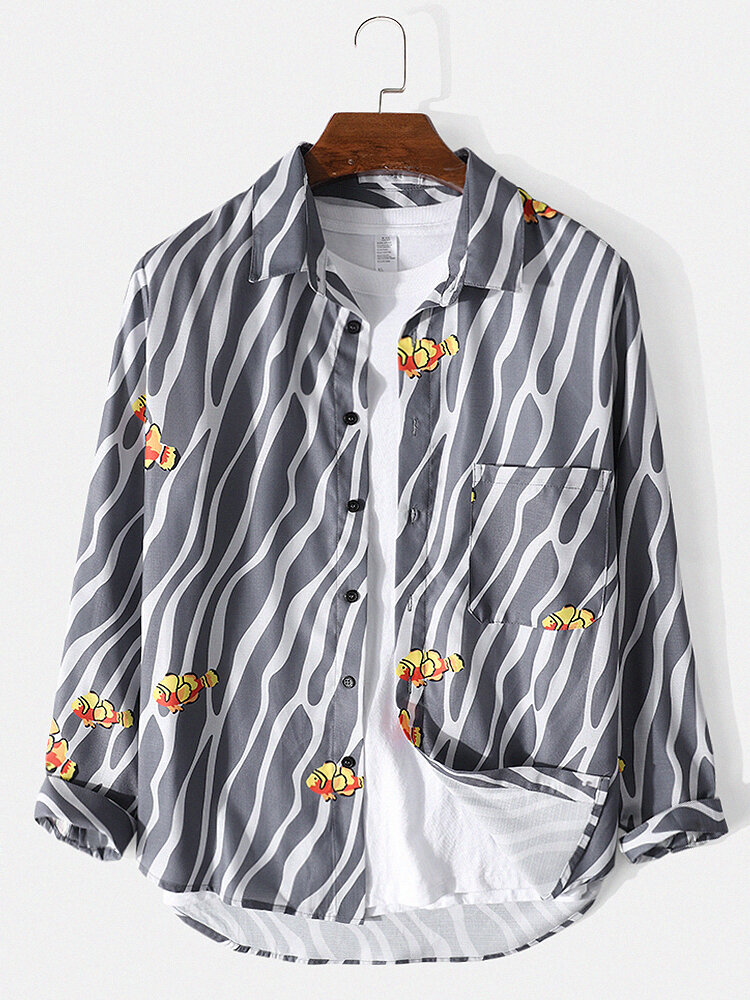 Mens Zebra Pattern Wavy Stripes Print Designer Chest Pocket Lapel Shirt