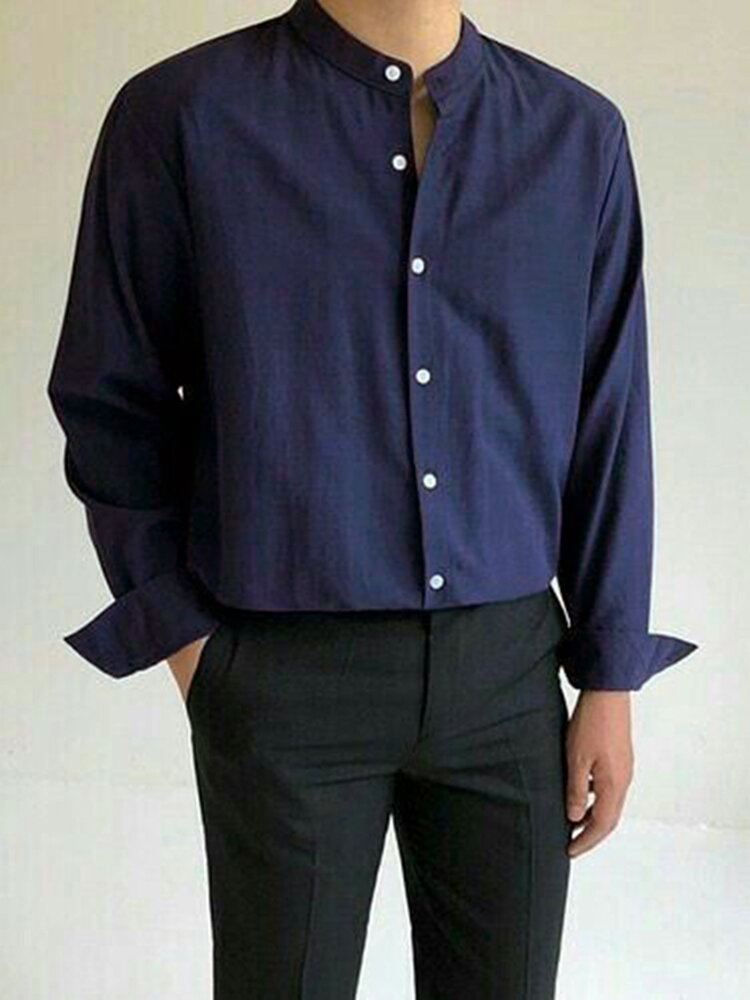 Mens Stand Collar Button Long-sleeved Shirts