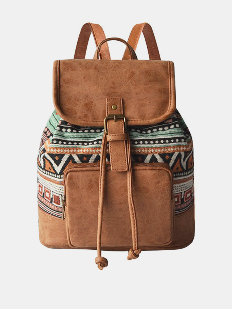 Women Canvas Fabric Vintage Ethnic Pattern Bohemian Backpack Adjustable Strap Casual Bag