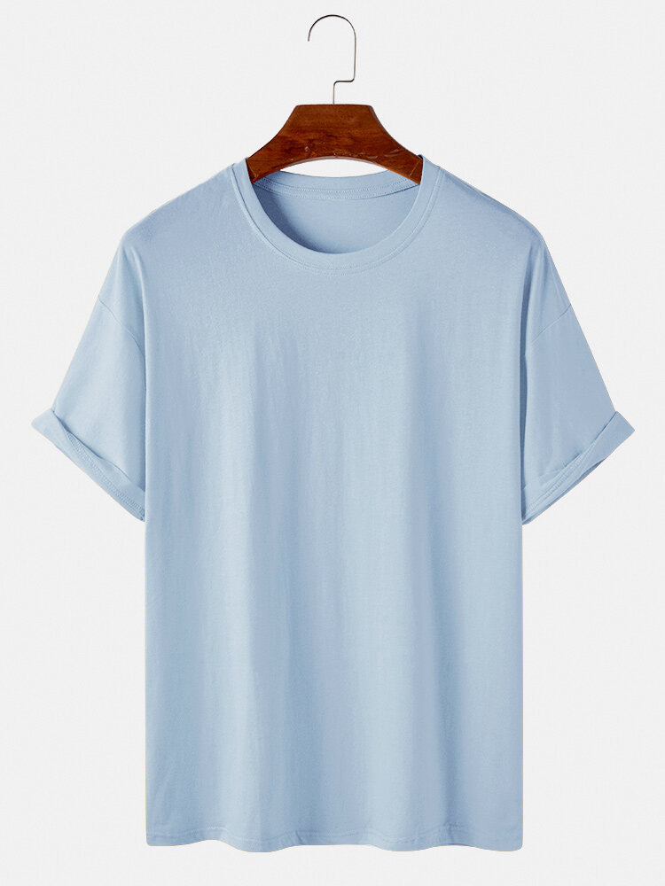 Mens Cotton Solid Color Breathable Loose Daily Round Neck T-Shirts