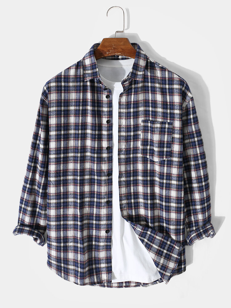 Mens Plaid Lapel Long Sleeve Button Up Shirt With Pocket