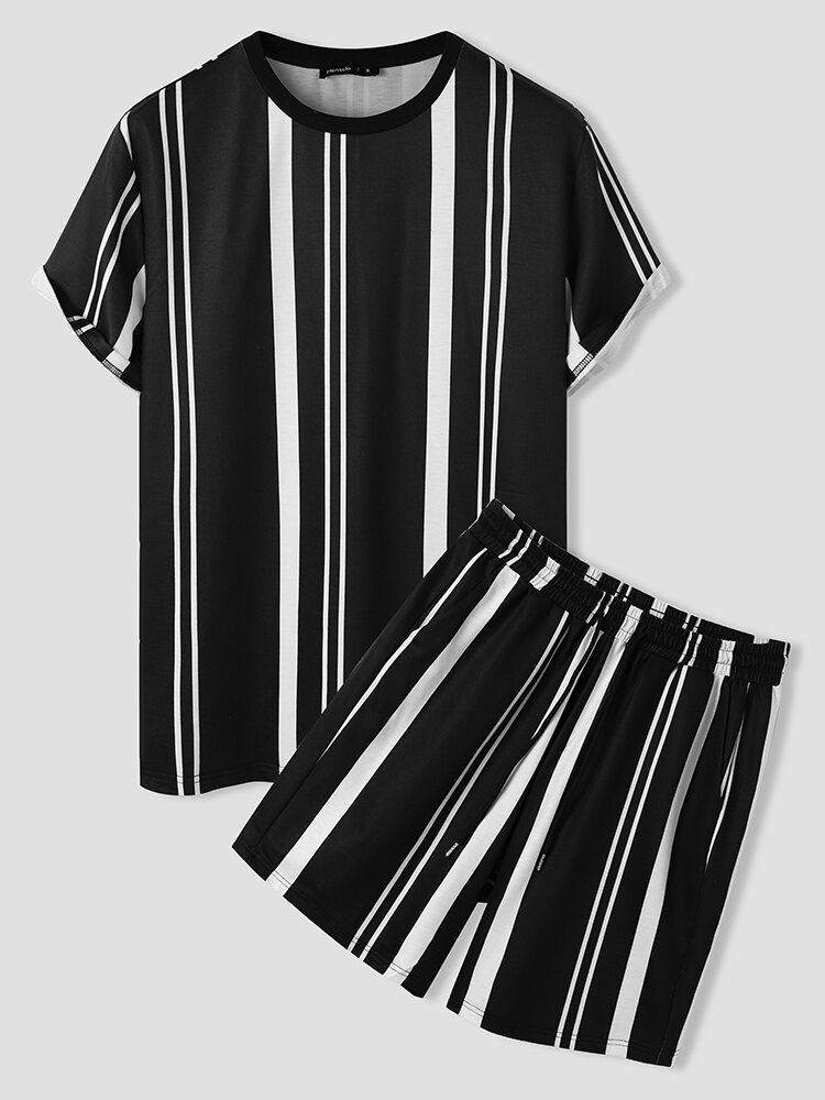 Mens Black & White Striped Crew Neck Preppy Two Pieces Outfits