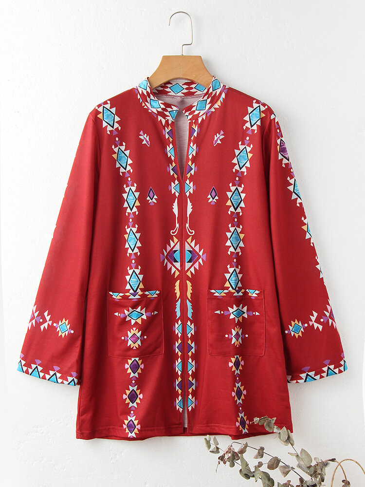 

Ethnic Print Splited Long Sleeve Vintage Blouse For Women, Wine red