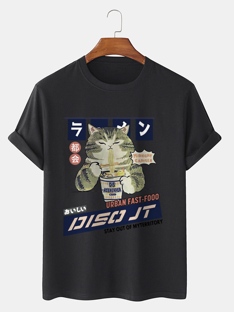 Mens Japanese Cat Print Crew Neck Cotton Short Sleeve T-Shirts