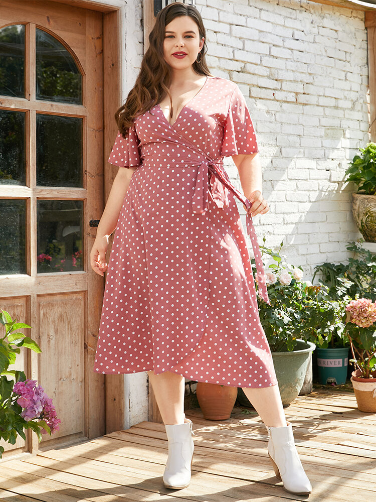 Plus Size Polka Dot Wrap Design Casual Dress