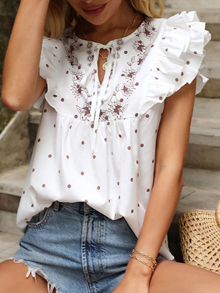 Ruffle Sleeve Dot Floral Print Tie Front Romantic Blouse