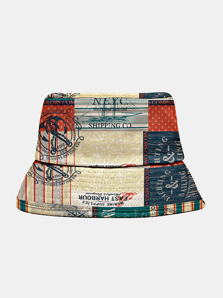 Unisex Polyester Cotton Overlay Letters Anchor Pattern Patchwork Print Fashion Bucket Hat