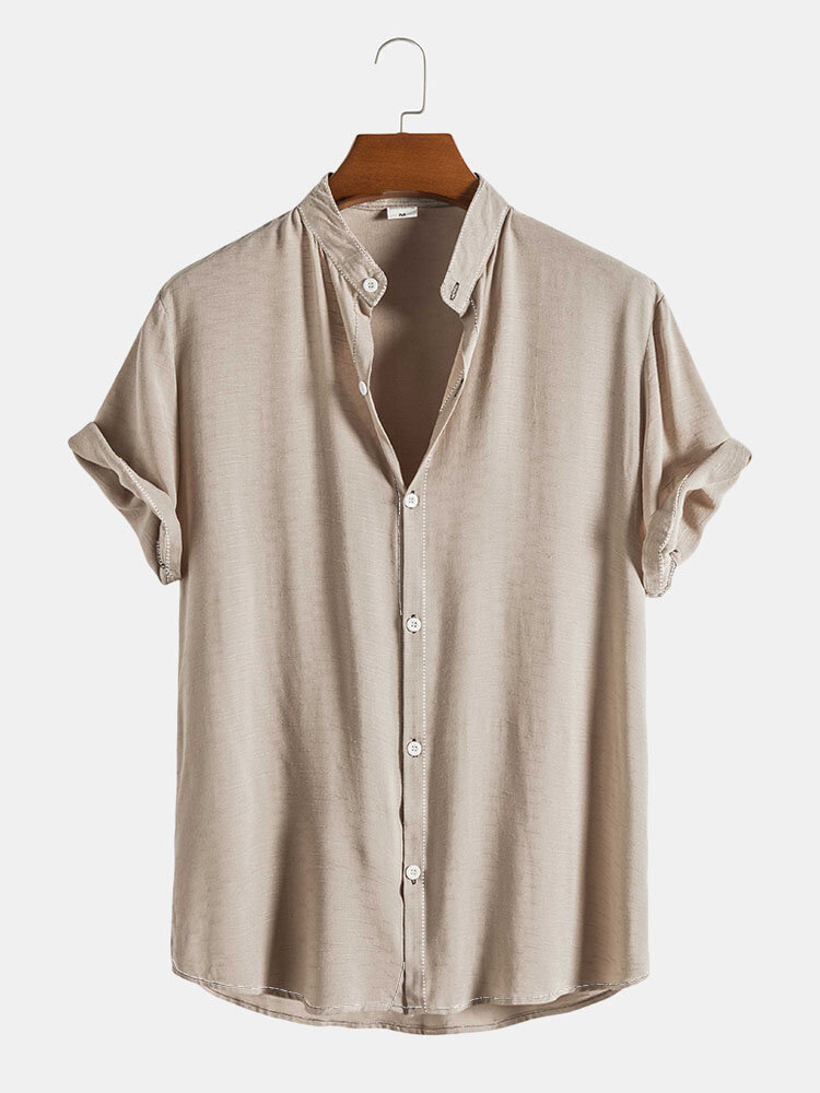 Mens Cotton Stand Collar Plain Basics Short Sleeve Shirts