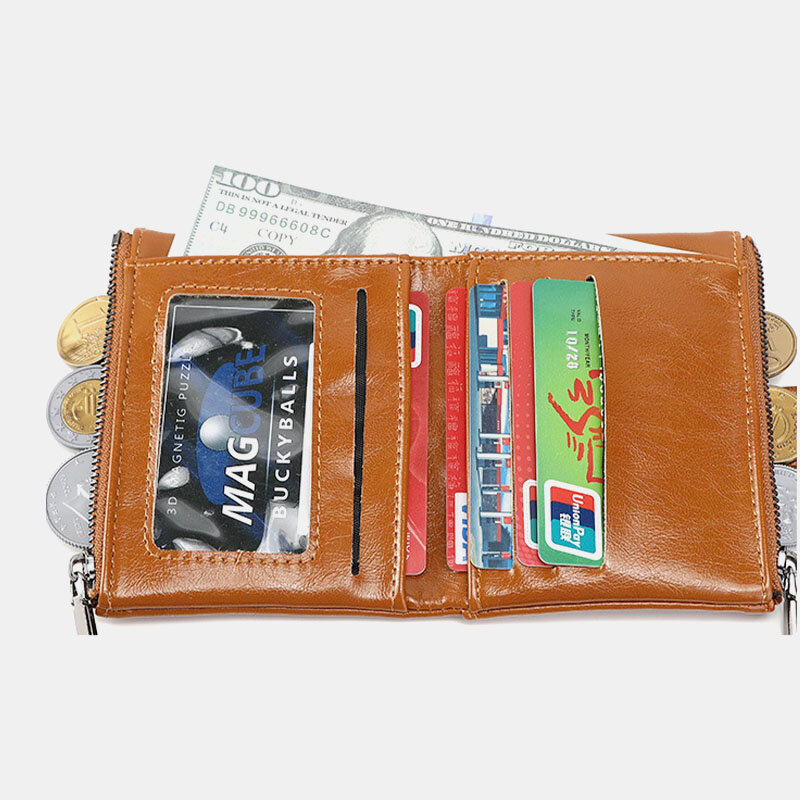 

Women RFID Anti Theft 6 Card Slots Oil Wax Bifold Wallet Purse, Yellow;wine red;black;pink;brown;green