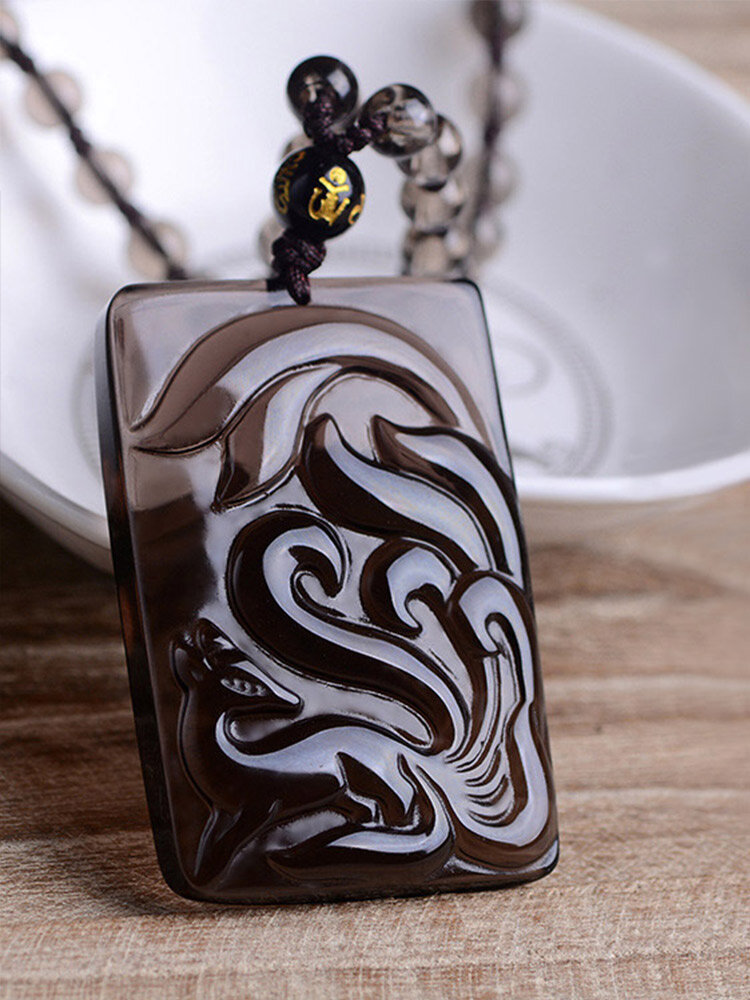 Vintage Ethnic Nine Tailed Fox Pattern Carved Rectangular Obsidian Necklaces