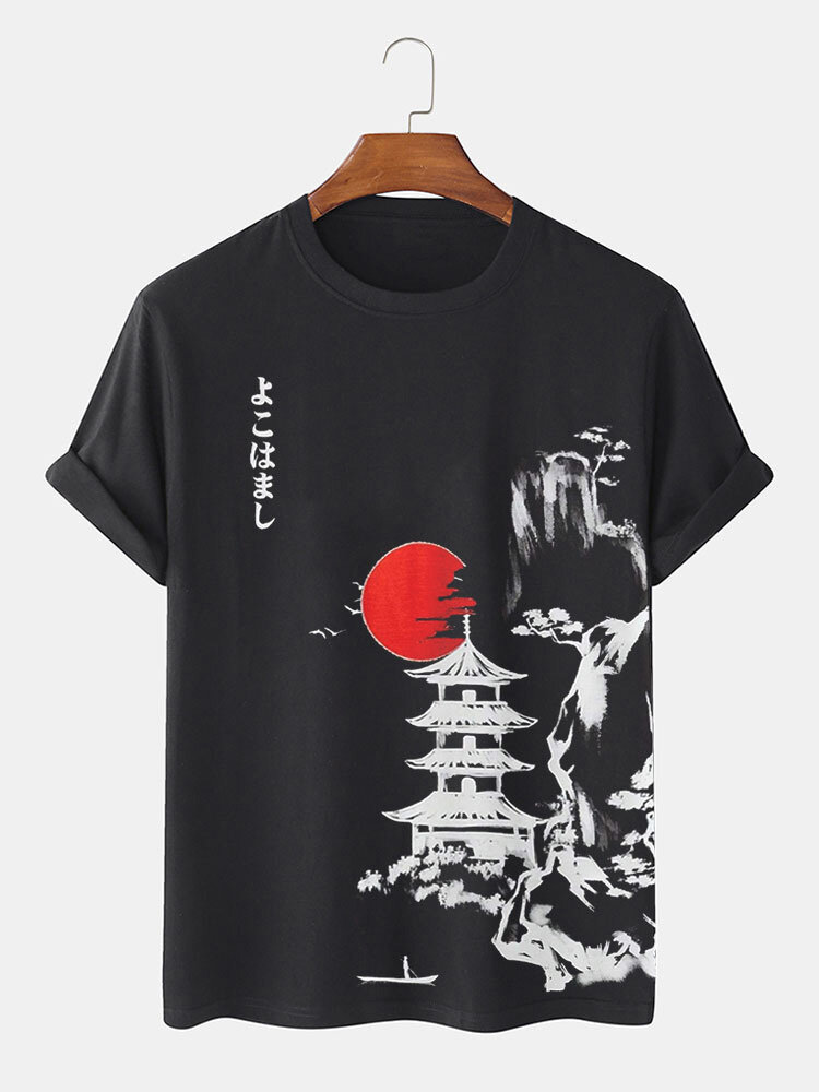 Мужские футболки с короткими рукавами и японским пейзажным рисунком Crew Шея