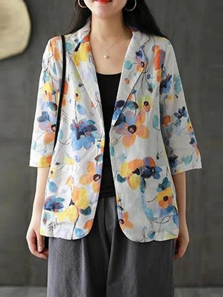Flower Print Pockets 3/4 Sleeve Casual Jacket For Women