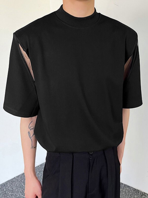 Camiseta casual de manga corta para hombre con patchwork de malla Cuello