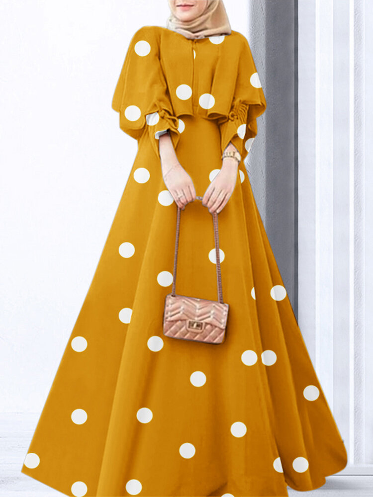Damen-Muslim-Maxikleid mit Polka-Dot-Print, Rundhalsausschnitt, Kordelzug-Ärmeln, Kleid