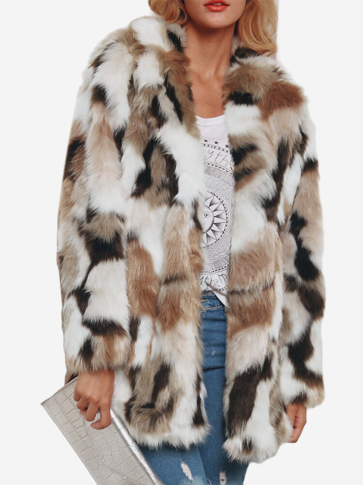 Casual Mixed Color Faux Fur Long Sleeve Winter Chunky Coat