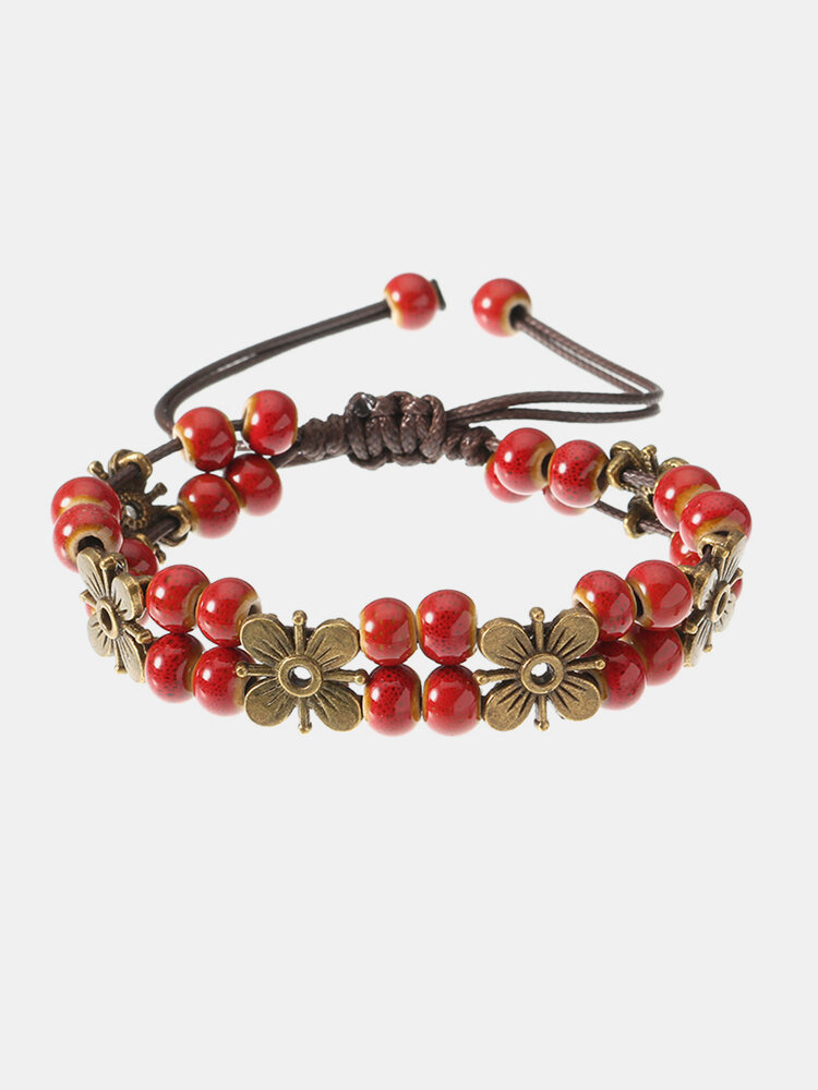 Women's Ethnic Bracelet Flower Ceramics Beads Retro Rope Bracelet