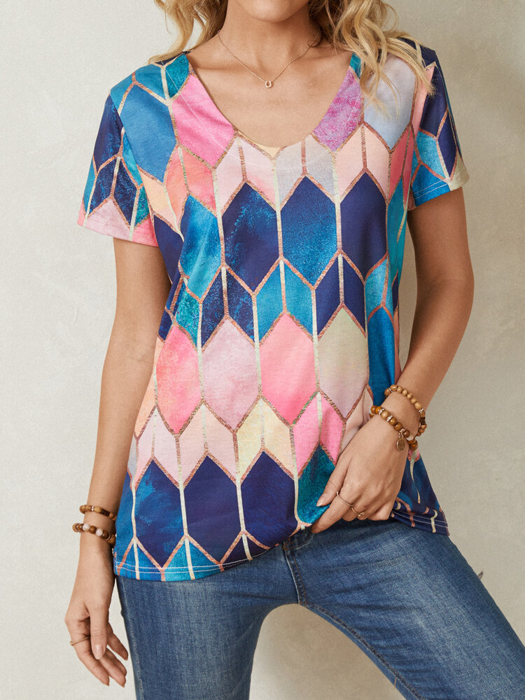 Geometric Print V-neck Short Sleeve Casual T-Shirt For Women