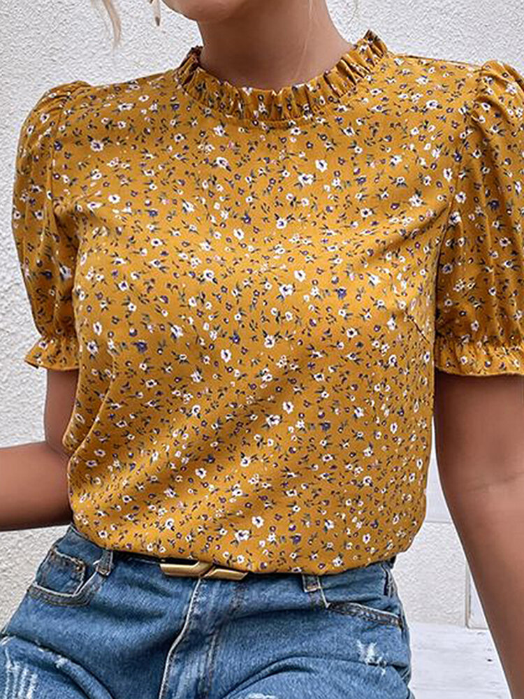 

Women Ditsy Floral Print Frill Trim Puff Sleeve Blouse, Black;yellow;apricot