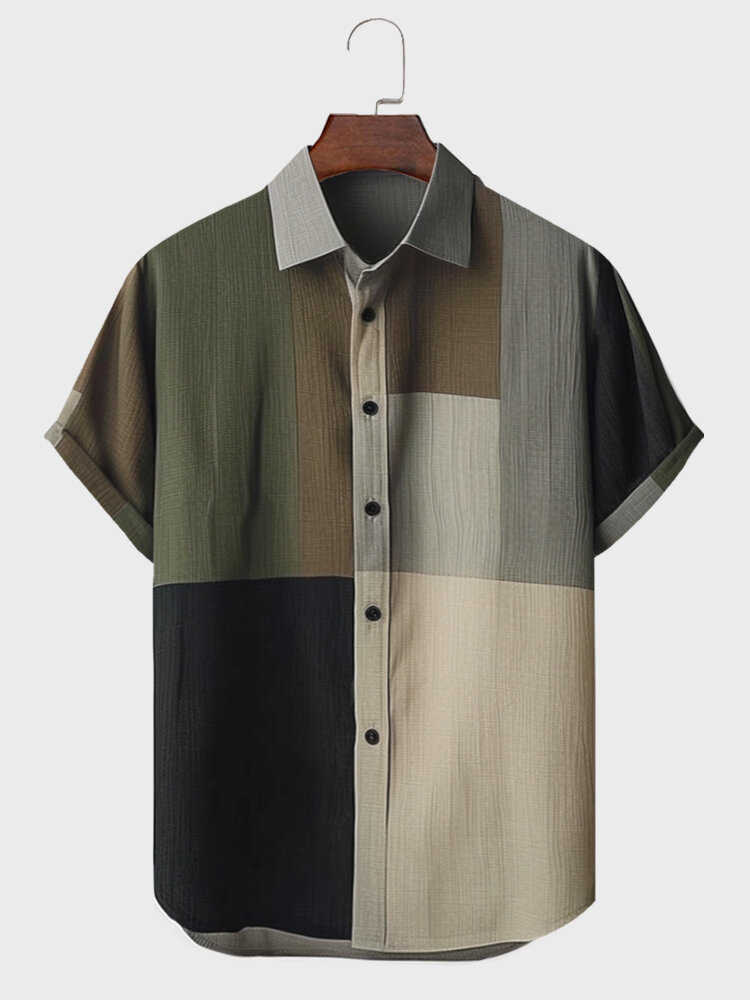 

Mens Color Block Patchwork Lapel Casual Short Sleeve Shirts, Dark gray