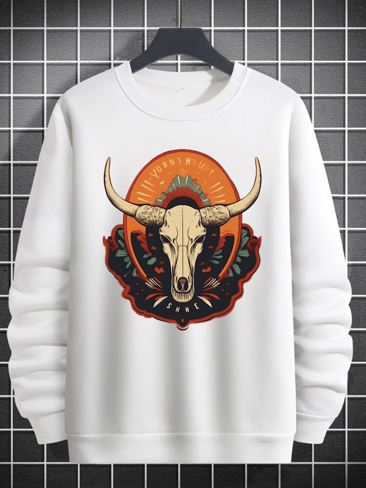 Mens Ethnic Cow Head Graphic Crew Neck Loose Pullover Sweatshirts Winter