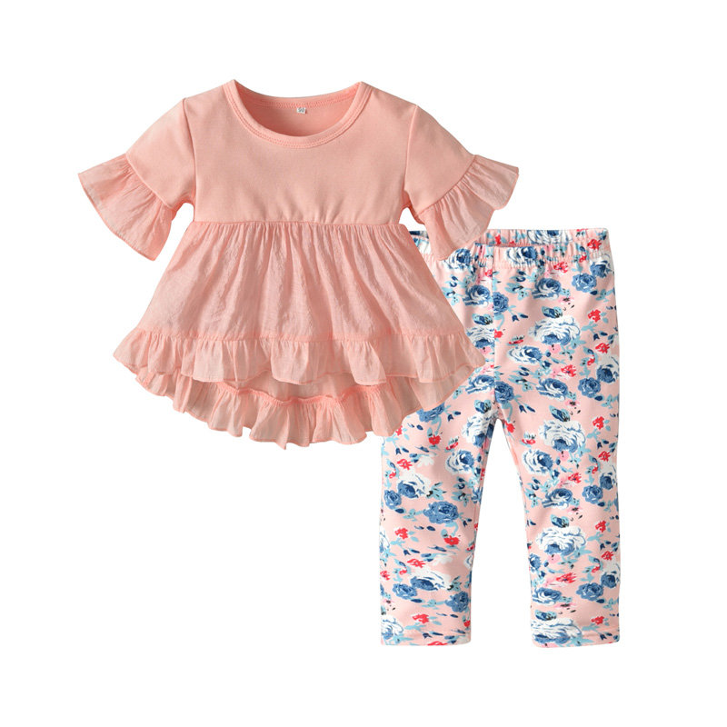

Leisure Style Girls Clothes Set Ruffle T-Shirt + Floral Long Pants For 1Y-7Y, Pink